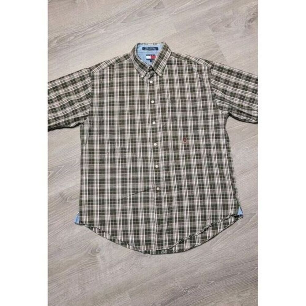 Tommy Hilfiger Men's Button Down Short Sleeve Plaid Stripe Shirt Size Large